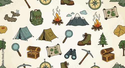 Camping gear and outdoor equipment icons.