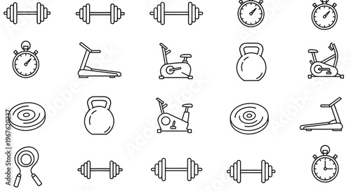 Fitness icons with gym equipment.