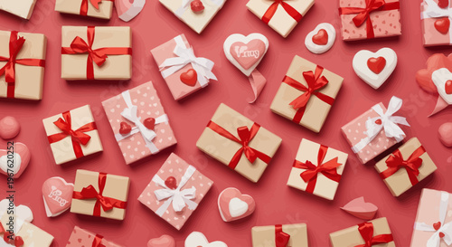 Wrapped gift boxes with ribbons and hearts.