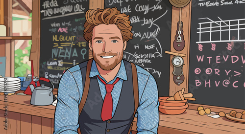 Smiling man sits at wooden counter with kitchen items and blackboard filled with writings