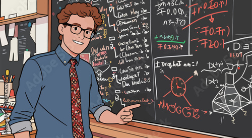 Student points to math problem on chalkboard in classroom setting during school hours