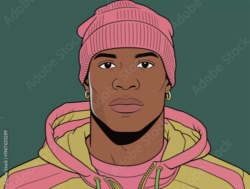 Young person with a pink beanie and hoodie standing against a green background while looking straight ahead and showing a relaxed expression