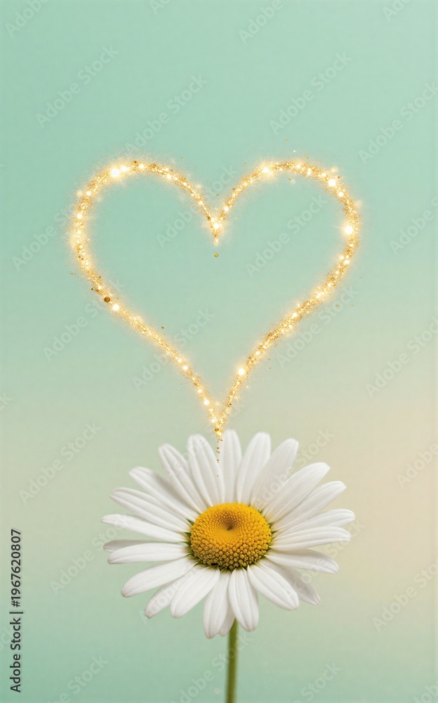 Obraz premium Golden heart sparkles above a daisy symbolizing love and beauty.