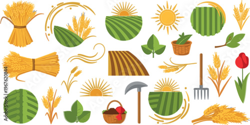 Agriculture harvest elements vector set with wheat, fields, sun, tools, crops and rural farm symbols, seasonal farming illustration in flat design style