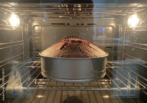 Chocolate cake baking in oven. Dessert rising in cake tin inside kitchen appliance. Homemade sweet pastry preparation for party or celebration. Culinary art and food home cooking process.