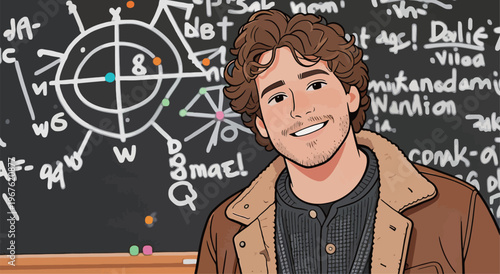 Man stands in front of blackboard with math symbols and scientific terms during a learning session at a classroom