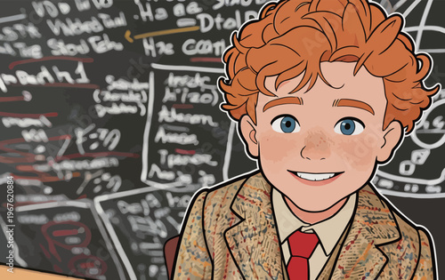 Young boy sits at a desk in a classroom with a chalkboard full of notes and drawings while smiling at the camera in daytime