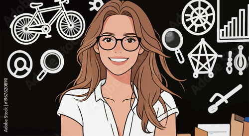 Young woman smiles while working on creative projects in a studio filled with various tools and designs in the background