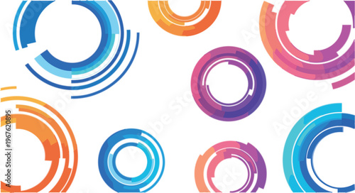 Abstract circular HUD rings vector with colorful segmented tech shapes, futuristic interface elements and modern geometric data visualization background design
