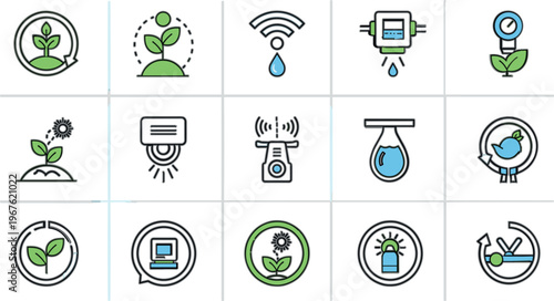 Smart agriculture icons vector set with plant growth monitoring, irrigation systems, sensors, water management and eco farming technology symbols in flat outline style