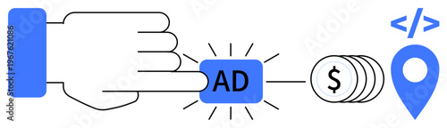Digital marketing, online sales, pay-per-click, targeting, e-commerce, financial growth. Hand clicking an ad button with coins and a location pin. Digital marketing and online sales concept