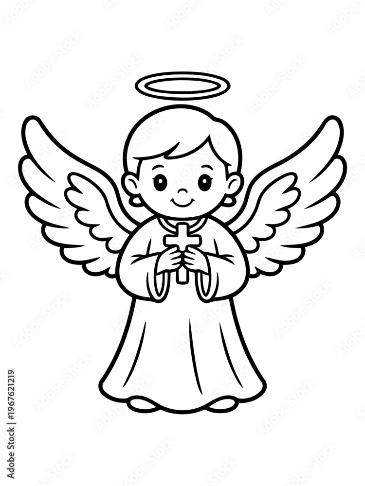 Fototapeta premium Divine Presence: A serene illustration of an angel, its gentle halo and cross symbolizing faith and spiritual grace, with outstretched wings ready to embrace.