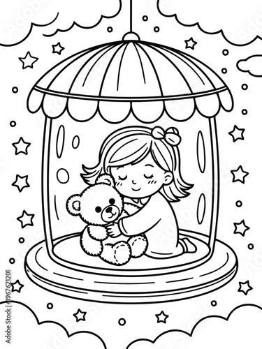 Dreamy Embrace: A girl finds comfort and joy as she cuddles her teddy bear within a dreamy, enclosed structure. Stars twinkle in the night sky, adding a touch of wonder and warmth.