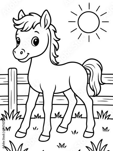 Cheerful Foal on a Sunny Day: A charming foal stands in a lush meadow on a bright sunny day, with a joyful spirit and innocent allure. 