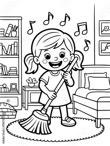 Joyful Cleaning: A cheerful young girl enthusiastically sweeps the floor, accompanied by musical notes, transforming a routine chore into a delightful symphony.
