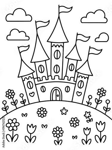 Castle in Paradise: A whimsical drawing depicts a fairytale castle atop a verdant hill, flanked by charming flowers and playful clouds. An illustration of a fairytale realm.