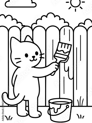 Cat Painting Fence in Sunny Garden: An adorable cat wields a paintbrush, diligently painting a wooden fence in a cheerful outdoor garden setting under a bright sun.