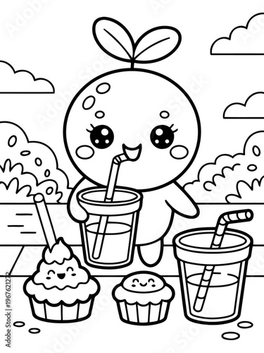 A Whimsical Treat: A delightful cartoon character enjoys refreshing drinks and sweet cupcakes in a charming illustration, embodying the joy of simple pleasures.