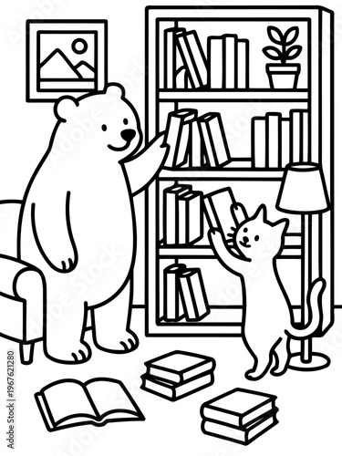 Cozy Library Corner: A charming monochrome illustration of a bear and cat in a cozy library setting, engrossed in the pleasure of reading and discovery among stacks of books.