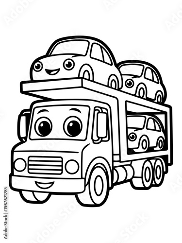 Animated Transport Delight: A charming, cartoon-style depiction of a cheerful car carrier truck, loaded with smiling automobiles, evokes a sense of joy and adventure.