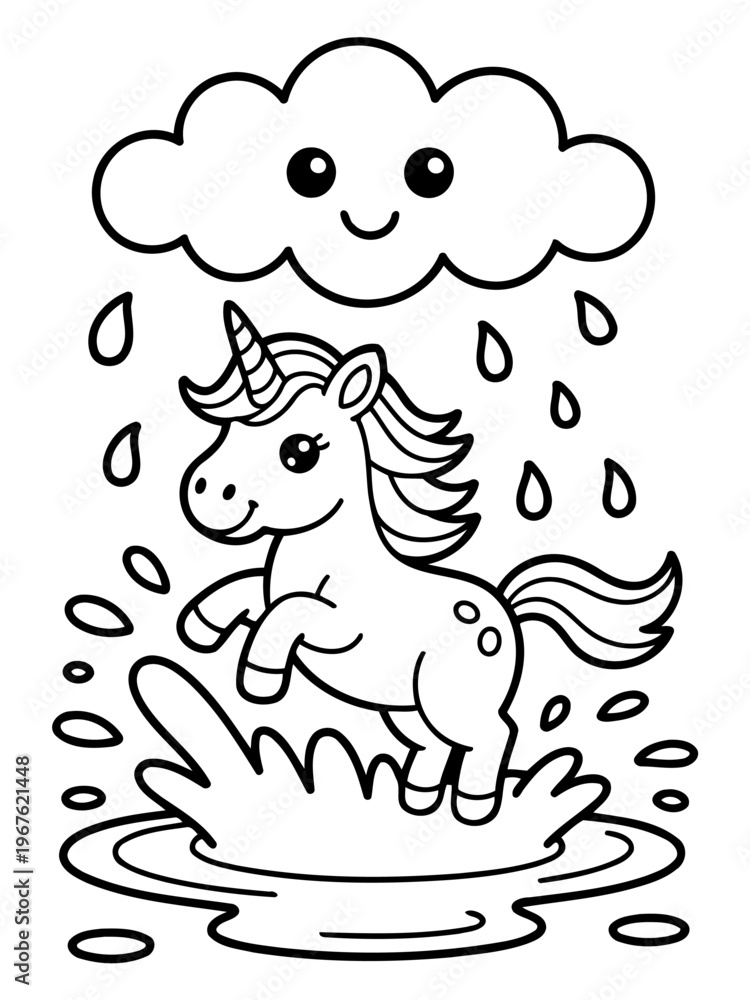 Fototapeta premium Whimsical Unicorn in the Rain: A charming illustration depicts a playful unicorn frolicking under a smiling cloud, amid gentle raindrops and a splash of water, embodying the magic of imagination.