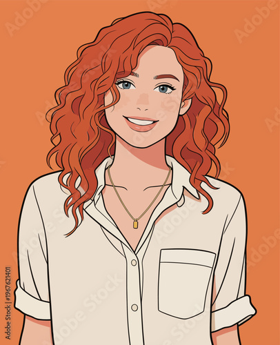 Woman with curly reddish hair smiles against an orange background while wearing a white shirt and a necklace