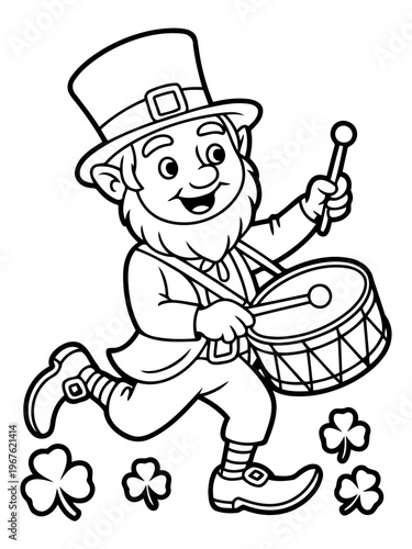 Leprechaun's Drumming Parade: A charming leprechaun merrily marches along, skillfully playing a drum amid the fluttering of lucky shamrocks, inviting viewers into a world of Irish folklore.