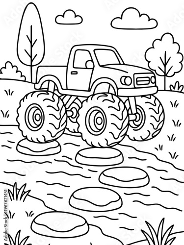 Monster Truck Adventure: A bold monster truck conquers a rocky terrain, navigating an obstacle course in a cartoon landscape. Emphasizing power, thrill, and the spirit of off-road exploration.