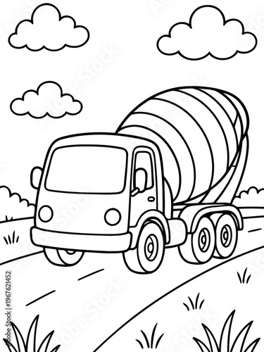 Concrete Mixer Truck Illustration: A simplified illustration showcases a concrete mixer truck cruising along a road, beneath fluffy clouds and a serene environment.