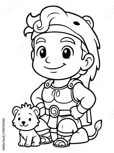 Heroic Silhouette: A strong and stoic figure, reminiscent of classical heroes, stands tall. with lion friend, prepared for challenges with a brave face, embodying courage and strength. 