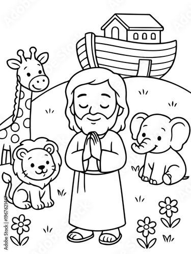 Noah's Ark Illustration: A heartwarming illustration of Noah, surrounded by adorable animals, with the ark in the backdrop, a symbol of faith and hope, in a simple and charming style.