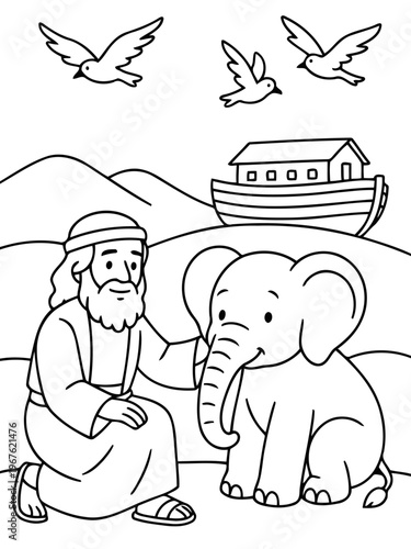 Faithful Scene of Compassion: A heartwarming, monochrome illustration depicts a figure showing affection to an elephant, with an ark and soaring birds in the sky.