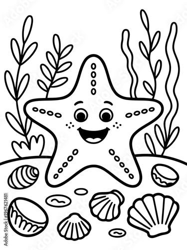 Playful Starfish Underwater: An adorable, cartoon-style starfish smiles cheerfully amidst sea life, its cheerful face and simple design evoke joy and wonder.