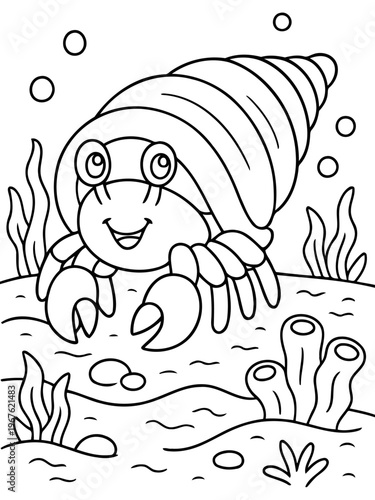 Playful hermit crab illustration: A whimsical hermit crab peers out from its shell, surrounded by seaweed and coral, in a lighthearted underwater illustration.