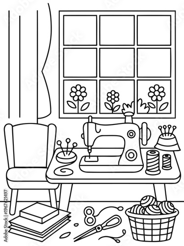 Cozy Sewing Corner: A serene illustration of a sewing corner, filled with the essential tools and elements of the craft, including a sewing machine, spools, a basket of yarn.