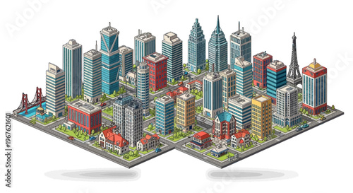 Cityscape with Modern Skyscrapers and Buildings.