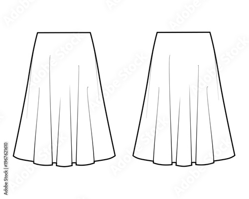 Women's midi skirt with A-line silhouette technical fashion flat sketch vector template illustration front and back view apparel CAD mockup