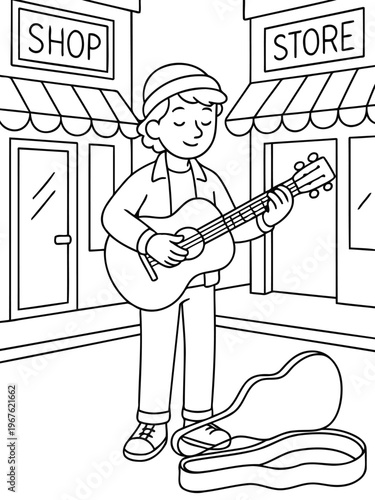 Street Musician's Melody: A solo guitarist serenades the city with heartfelt music, captivating passersby with a gentle melody.