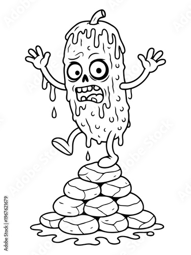 The Perilous Pickle: A quirky illustration of a pickle in distress, precariously balanced atop a pile of stones, highlighting the absurdity of a pickle's perilous predicament.