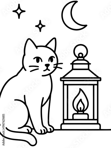 Cat's Nighttime Serenade: A cute cat is sitting by the lamp at night, with stars and moon in the sky, is a simple drawing