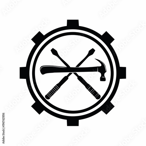 Gear with tools icon, black and white logo construction repair