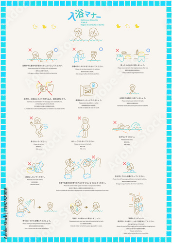 日本の入浴マナーガイド 多言語案内ポスター 温泉 銭湯 掲示板 Japanese bathhouse etiquette guide poster Hot spring Onsen Sento rules multilingual info