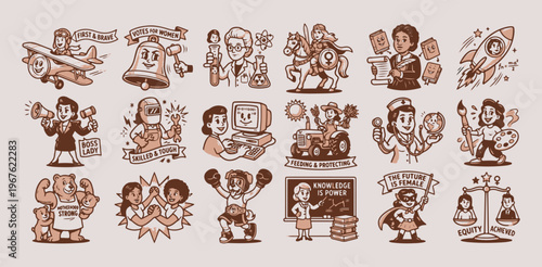 Empowering Women's History and Diverse Careers Retro Cartoon Sticker Collection