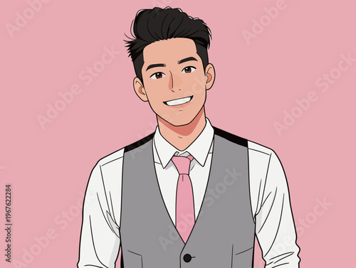 Young man in formal wear smiles against pink background during a friendly gathering in an indoor setting