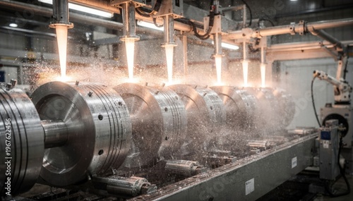Medium shot capturing the cooling spray system in action as rotating molds receive fresh molten tin highlighting mist effects and metal solidification in an automated assembly