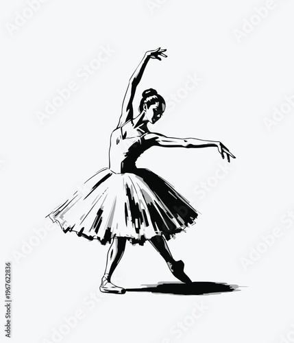 Ballerina in tutu performing graceful pose with arms outstretched and head tilted in artistic sketch style casting shadow.