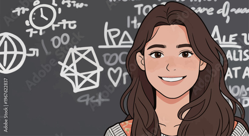 Young woman smiles in front of chalkboard filled with notes and drawings in classroom setting during daytime