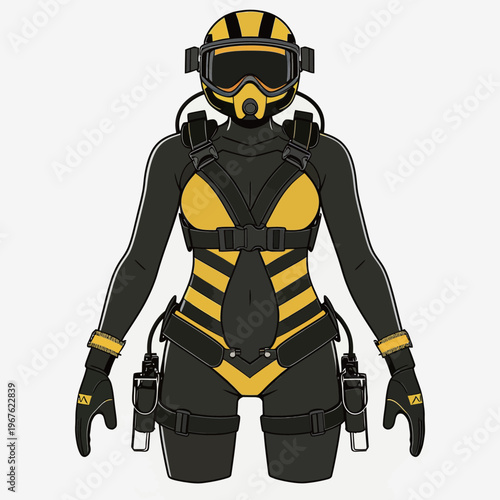 Diver in yellow and black suit prepares for underwater exploration in a vibrant ocean setting in summer
