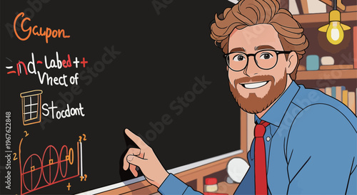 Man smiling while pointing at chalkboard in classroom showing math concepts with books and light in background