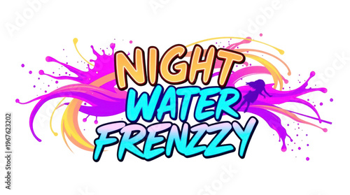 Night Water Frenzy Event Logo with Vibrant Neon Colors and Dynamic Splash Design